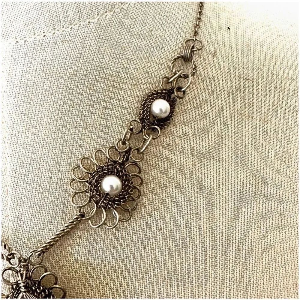 Vintage Filigree Silver Tone  faux pearl Necklace - Picture 5 of 9